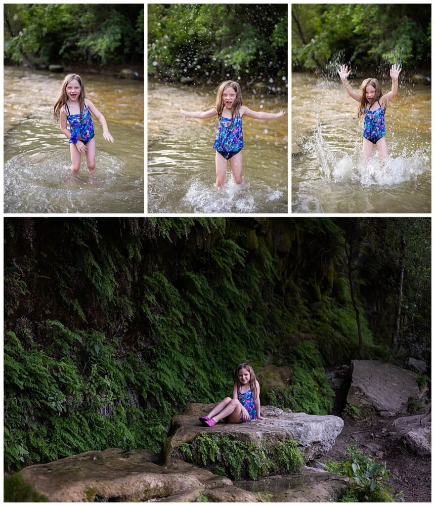 Girl splashing water and sitting on a rock at bull creek district park in austin, Texas.