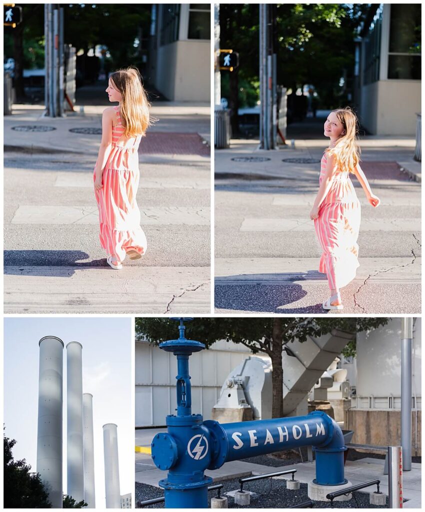 girl walking across the street in the seaholm district in austin texas