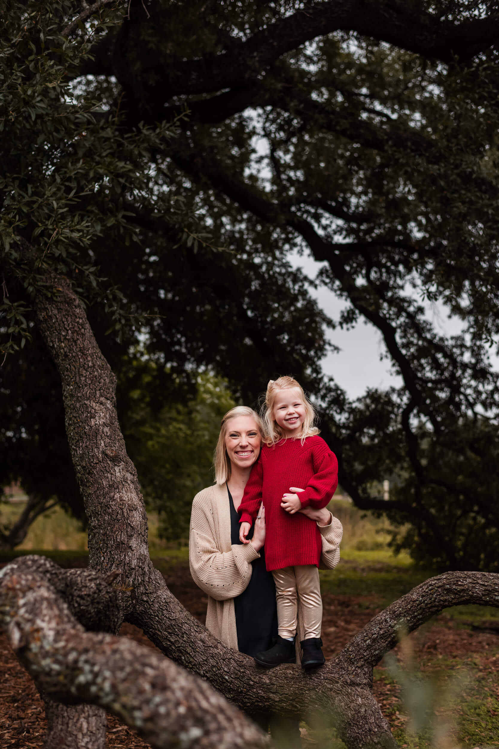 mom and daughter portraits at tree of the year in austin texas