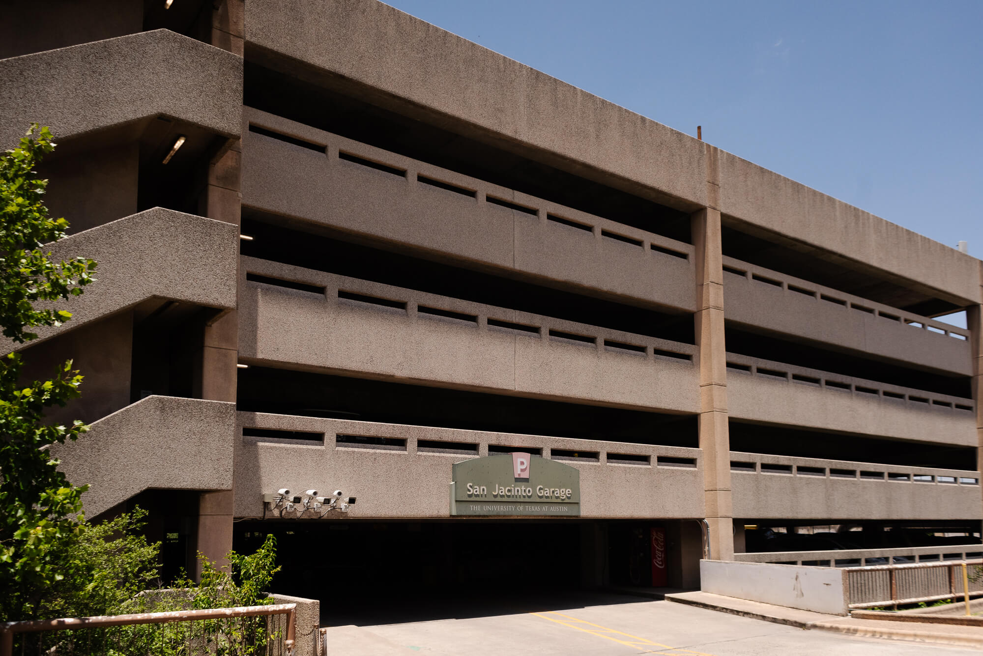 view from the outside of san jacinto parking garage ut austin