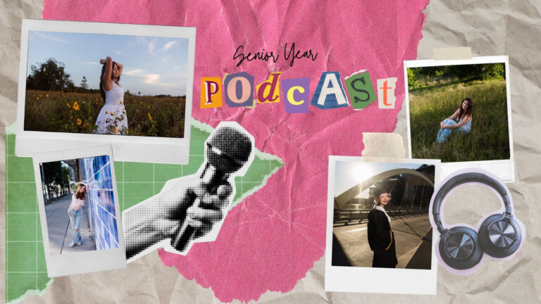 collage image of seniors and podcast graphics
