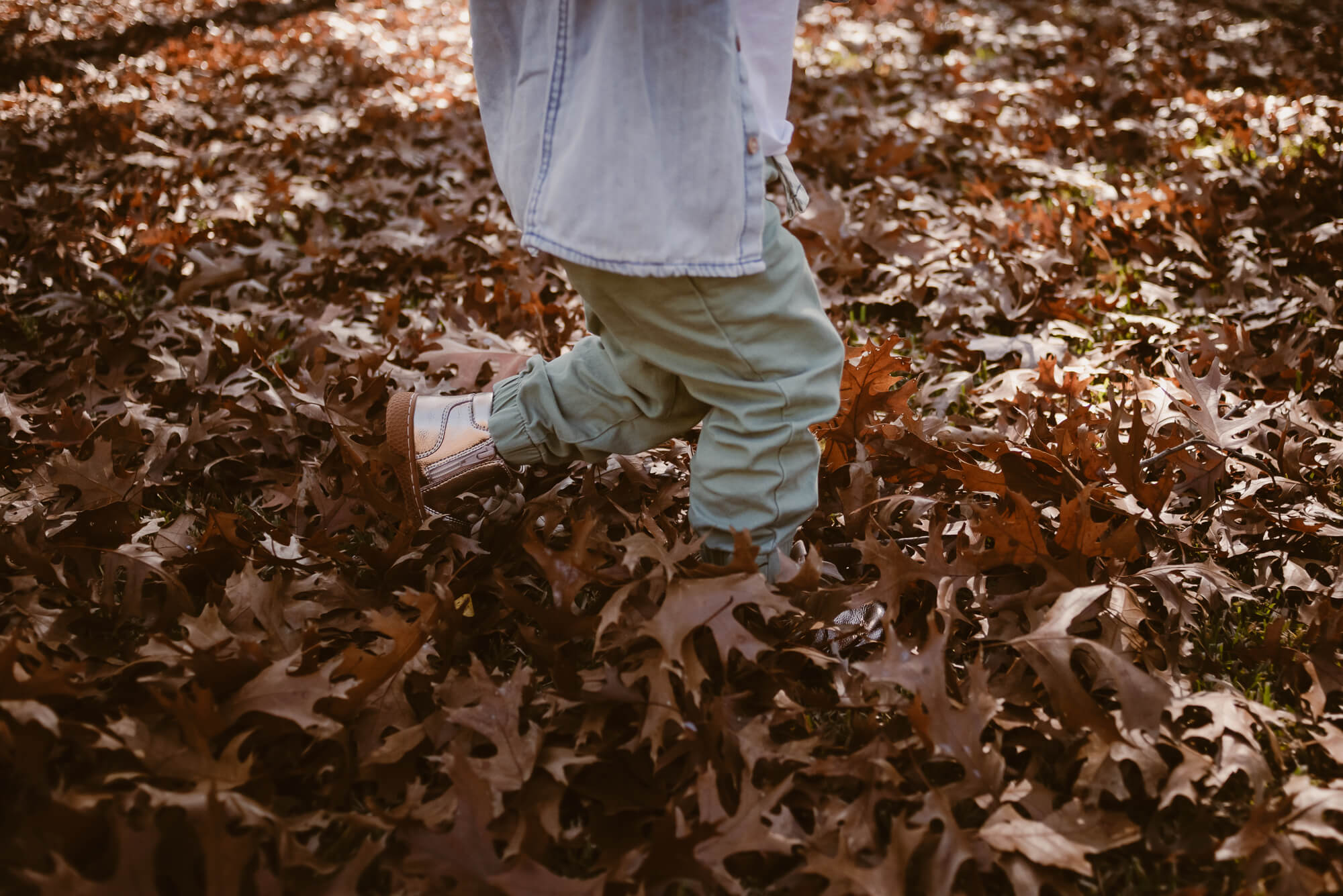 toddler playing outside in the front yard in leaves during an at home family photoshoot in austin texas
