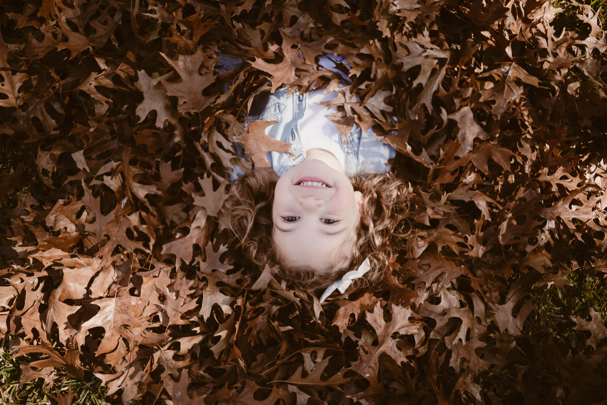 Toddler playing in a pile of leaves in the front yard during an at-home family photoshoot in Austin